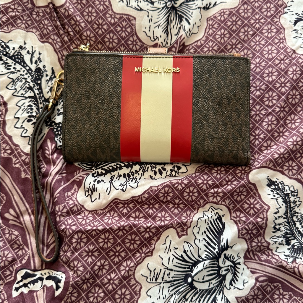 Michael Kors Brown Wristlet With Red And Cream Stripes